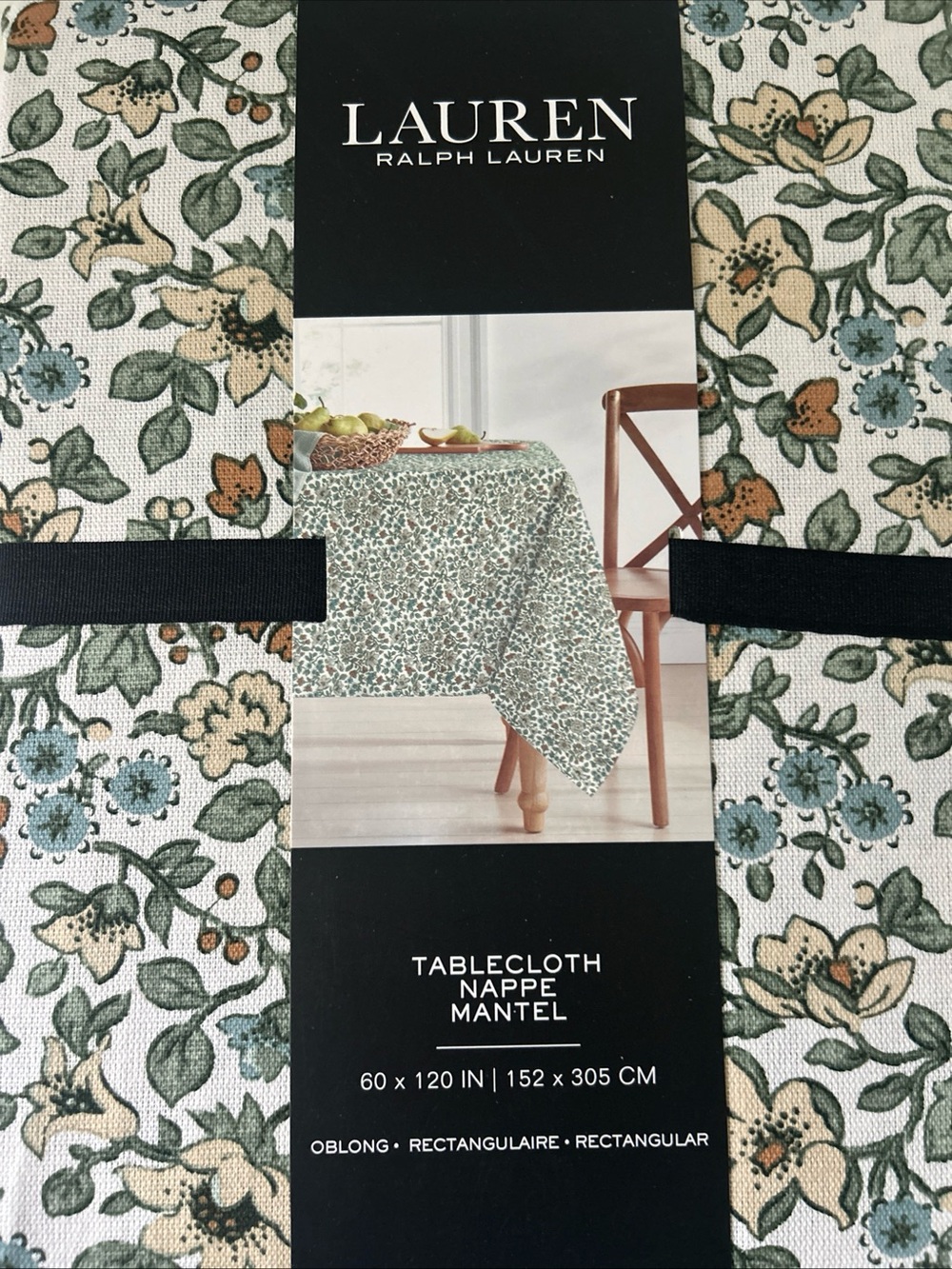 Lauren Ralph Lauren Gorgeous Tablecloth Fall Floral Green & Blue 60” x 120” NEW